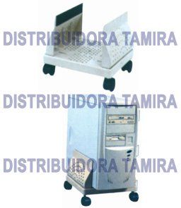 Una torre de ordenador sobre un soporte con ruedas. El soporte es blanco y tiene soportes laterales.