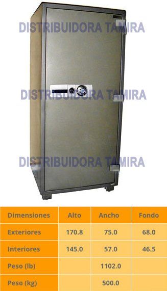 Una caja fuerte de acero gris cuyas dimensiones y peso se detallan a continuación.