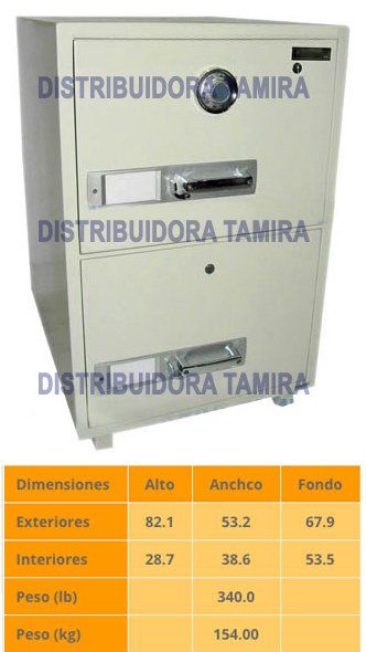 Caja fuerte beige con ranuras para depósitos. Tabla de dimensiones en la parte inferior.