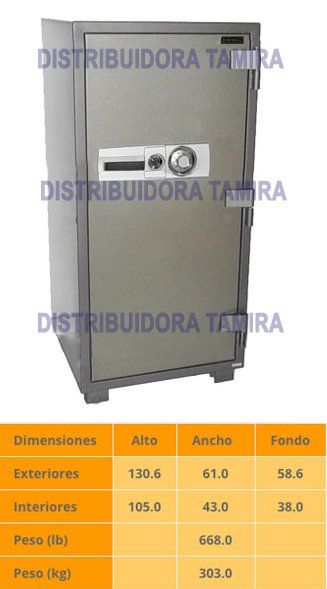Una caja fuerte gris con cerradura de combinación. La tabla a continuación muestra las dimensiones