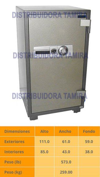 Una caja fuerte gris con cerradura de combinación y una tabla que muestra sus dimensiones