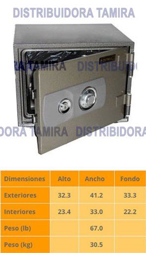Caja fuerte gris con puerta abierta y tabla de dimensiones a continuación.