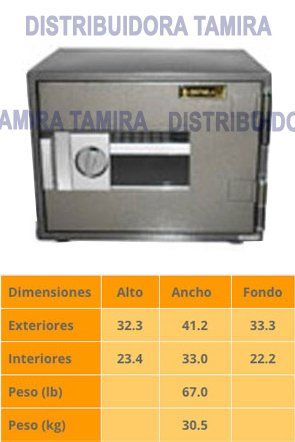 Una caja fuerte gris con una tabla numérica de dimensiones (alto, ancho, profundidad) y pesos en libras y kilogramos.