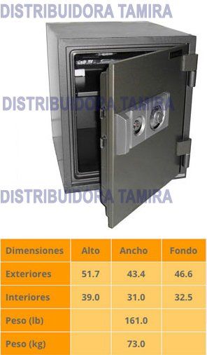 Caja fuerte con puerta abierta, exterior gris. Tabla de dimensiones