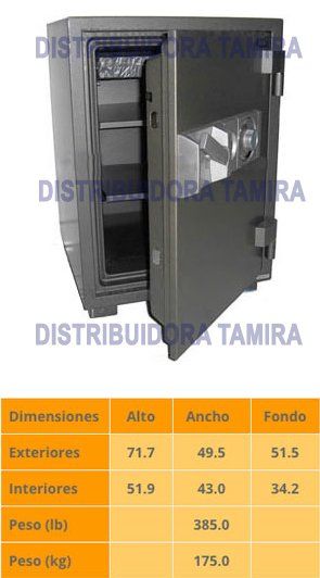 Caja fuerte abierta de color gris con tabla de especificaciones: dimensiones exteriores, dimensiones interiores y peso.