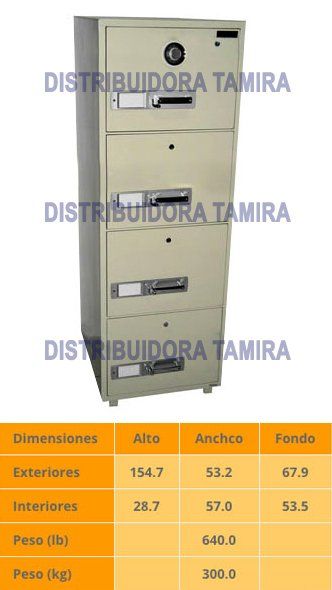 Caja fuerte alta de color beige con cuatro cajones, cerradura de combinación y tabla de dimensiones.