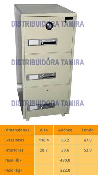 Caja fuerte de tres cajones en color beige, con cerradura digital y tabla de dimensiones.