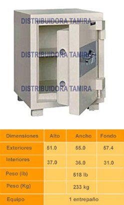 Caja fuerte abierta con tabla de dimensiones que muestra los tamaños exteriores/interiores, peso y estantes.
