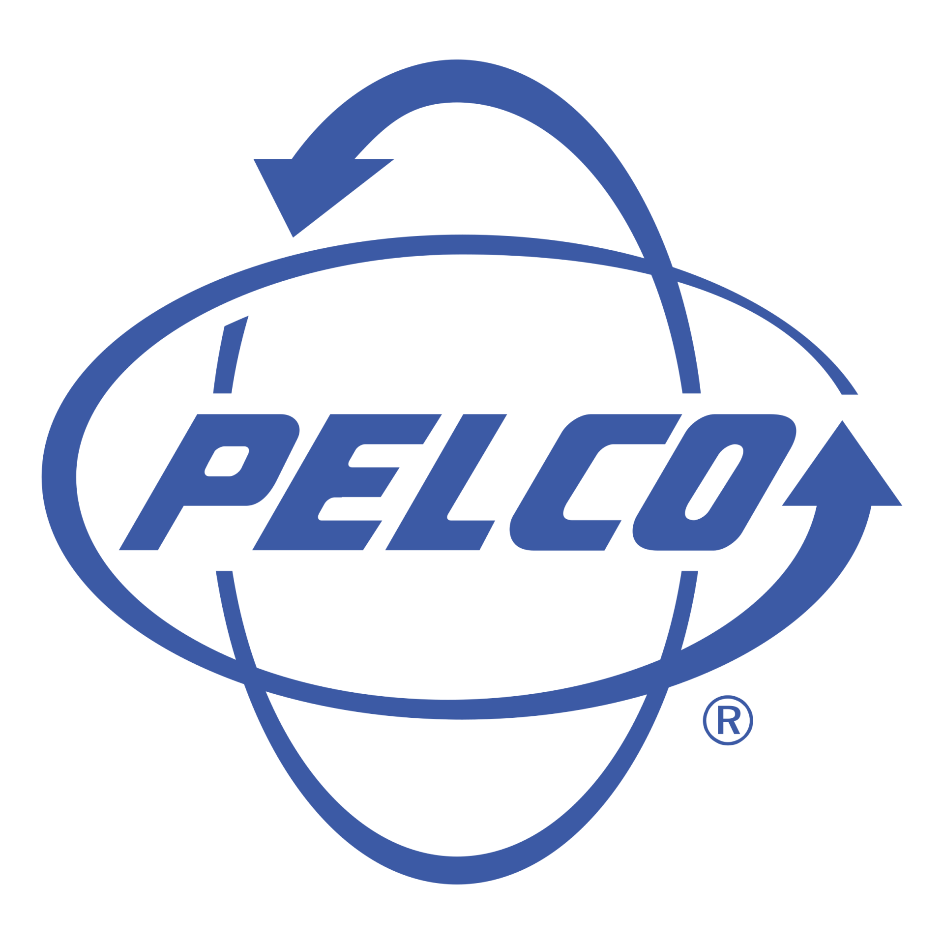 PELCO logo in blue with an orbit-style oval and arrow around the wordmark