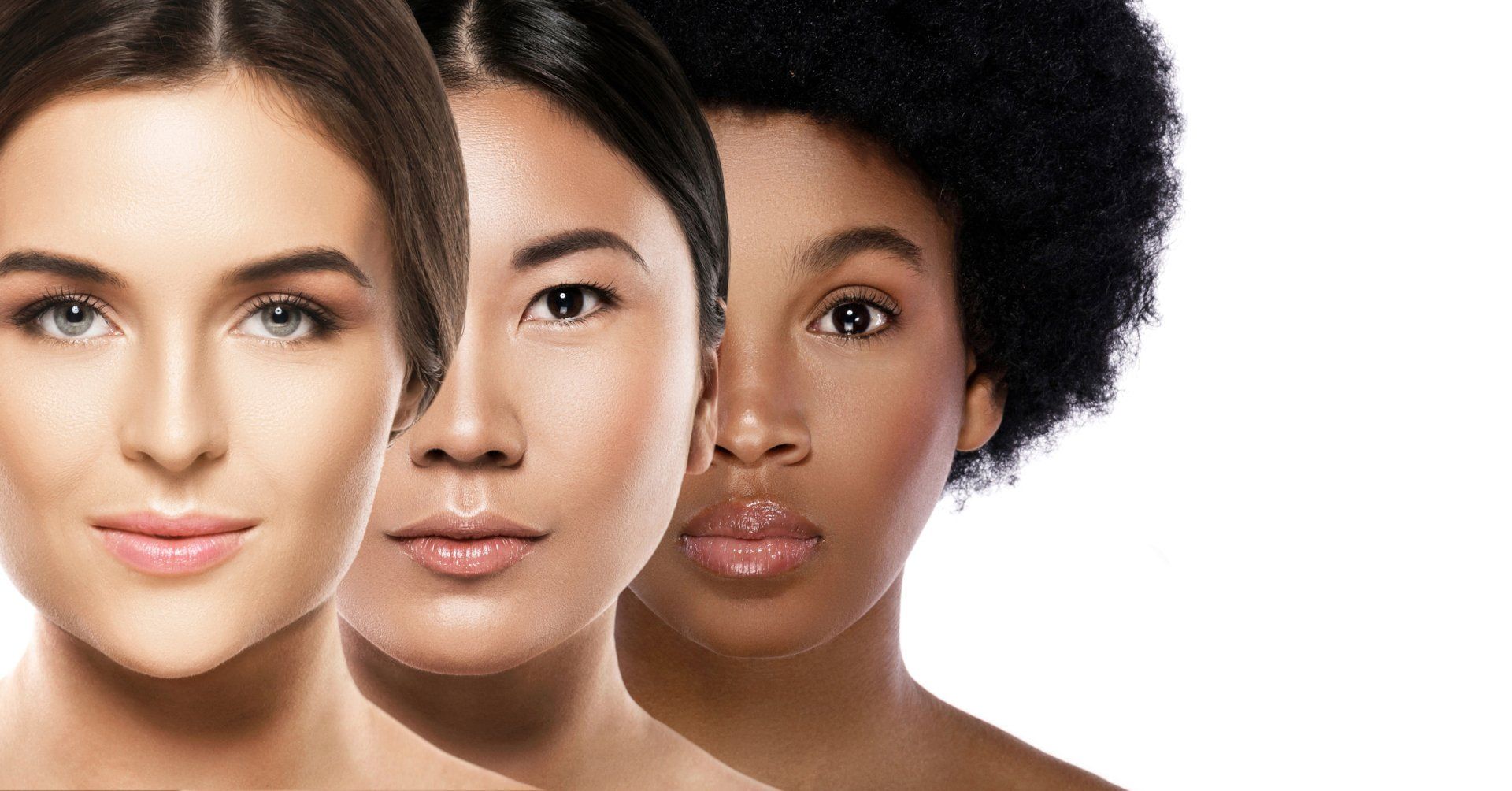 Three women with diverse skin tones, close-up portraits, looking forward.