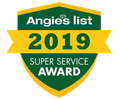 Angie's List 2019 Super Service Award badge, green and gold shield design.
