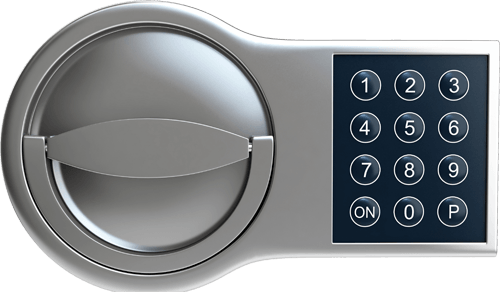 A silver safe lock with a dial and digital keypad with numbers 0-9 and