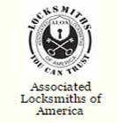 Associated Locksmiths of America logo. Black and white circular design with a key and keys crossed over a shield.