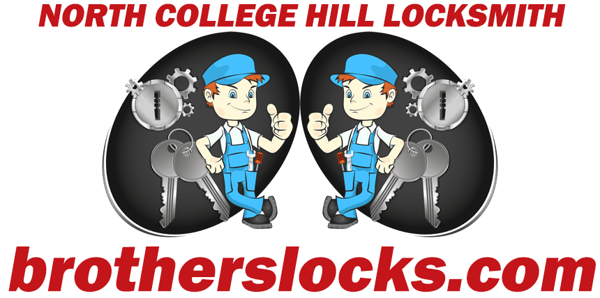 Logo for North College Hill Locksmith: Two cartoon locksmiths giving thumbs up, with keys and locks.