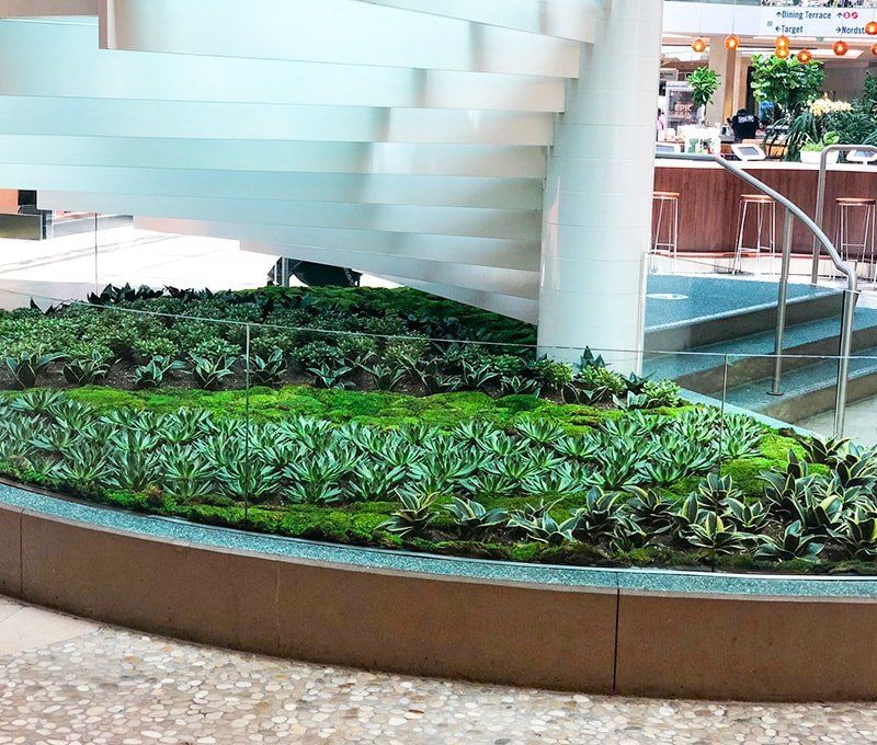 Circular planter with green plants, under a white, spiral staircase, in a bright interior space.