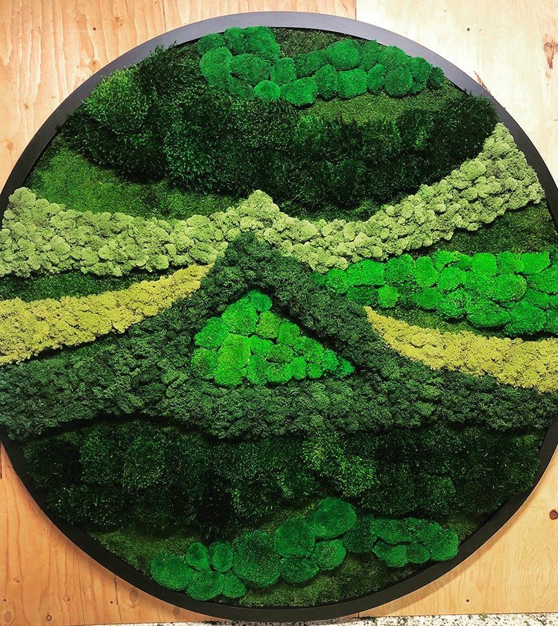 Circular moss art with layered shades of green, black frame.