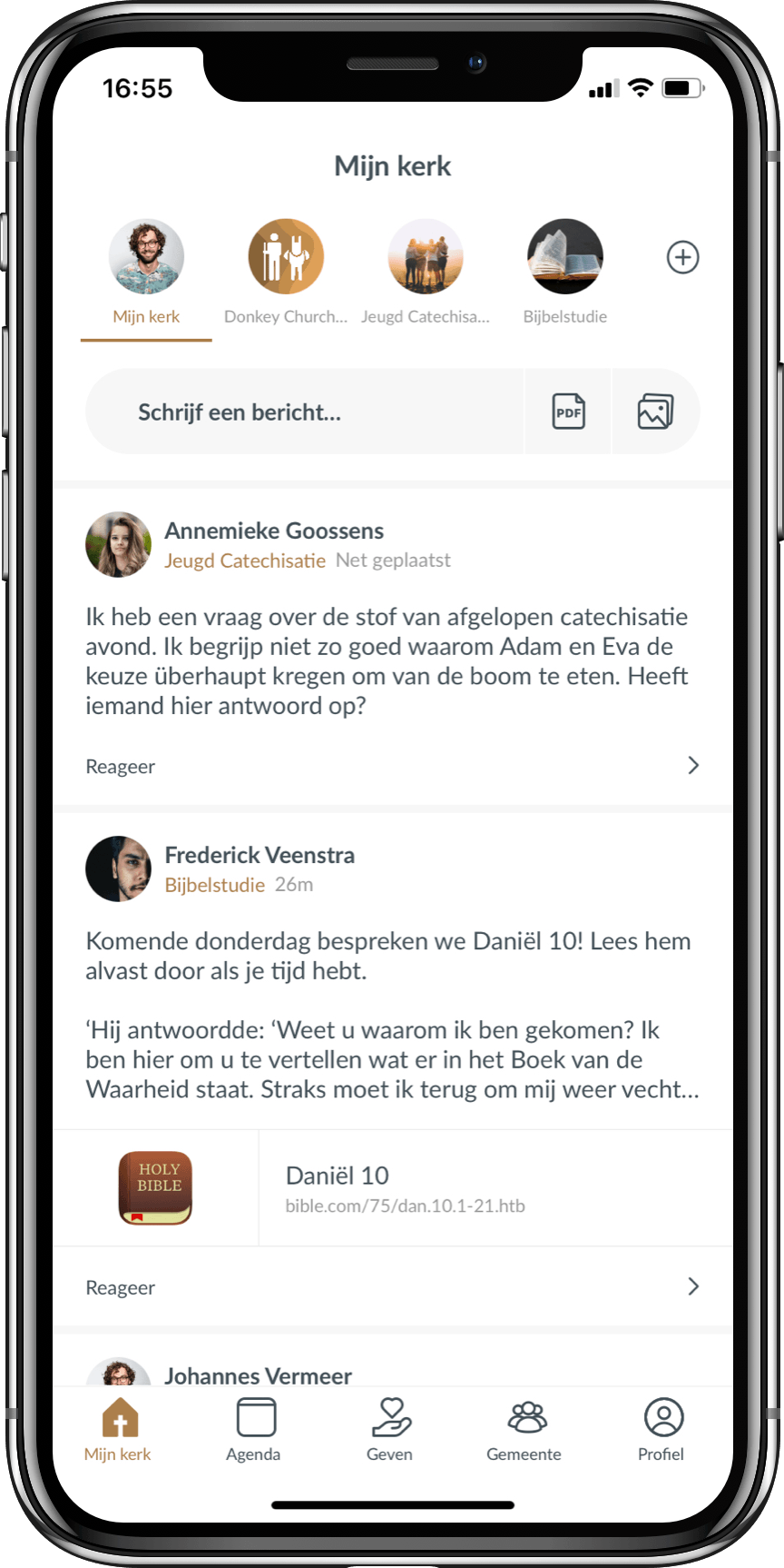 Scherm van plaatsen van post op tijdlijn kerkapp