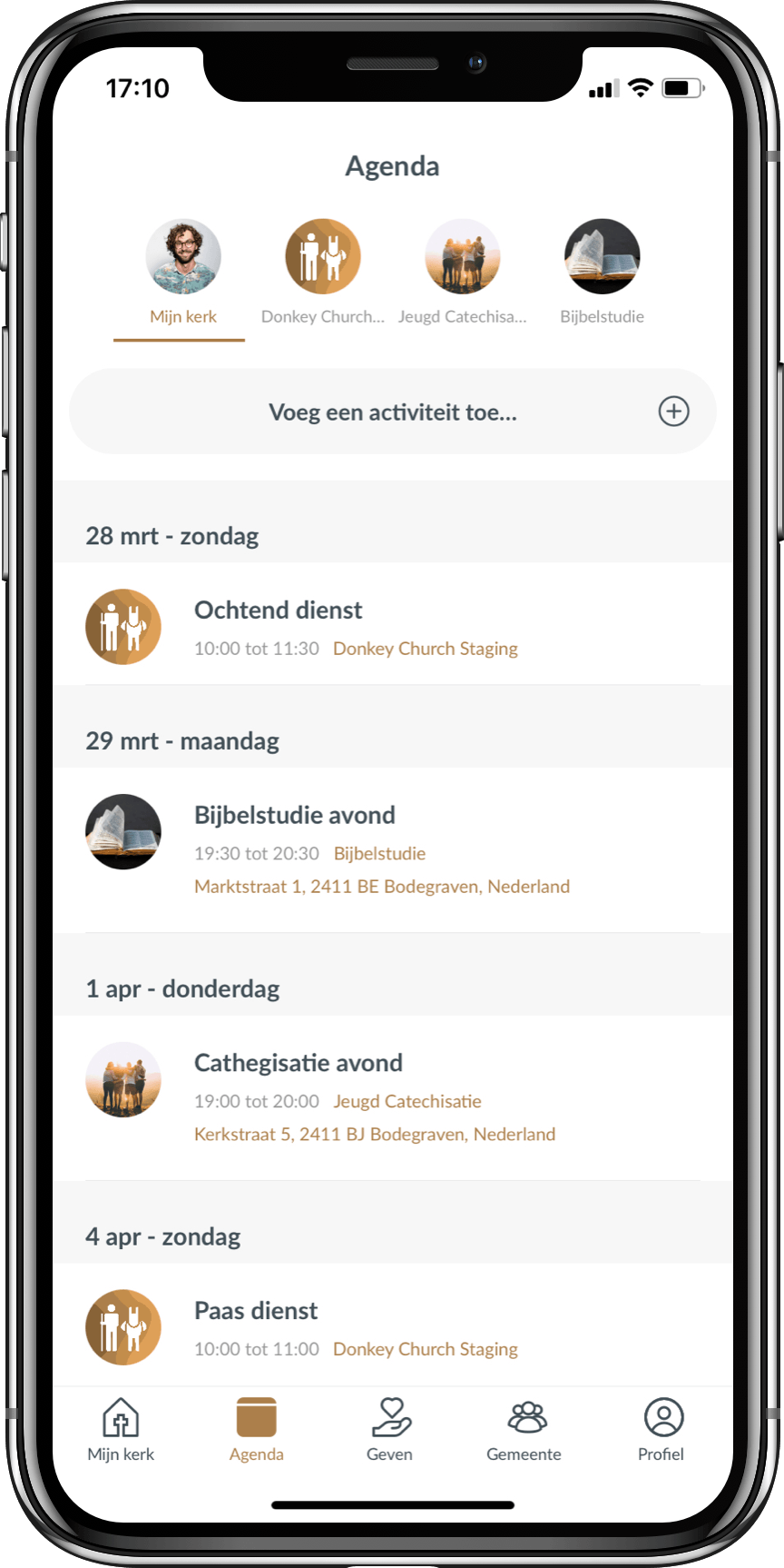 SCherm van agenda weergave in kerkapp