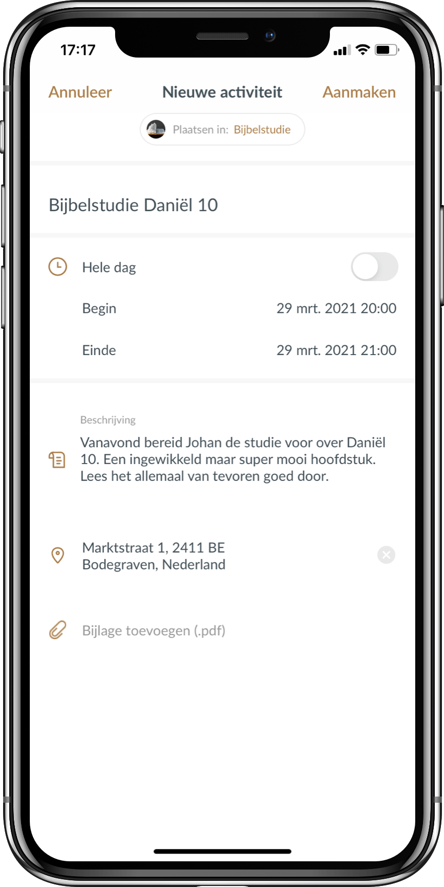 Scherm van agenda details in kerkapp
