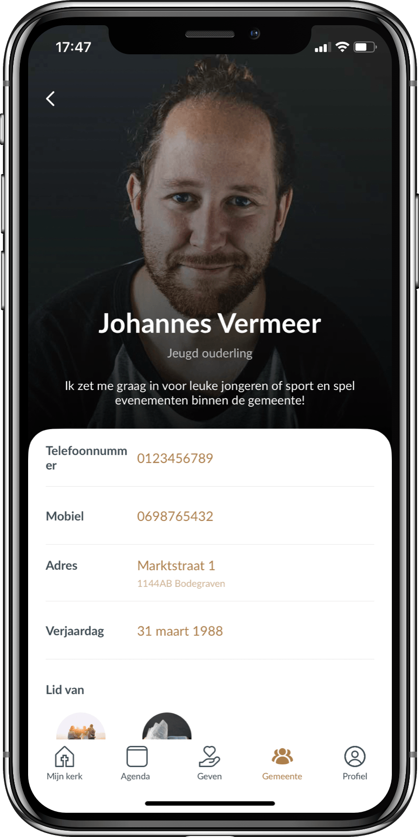 Scherm met profiel Foto van Johannes Vermeer in Kerk App