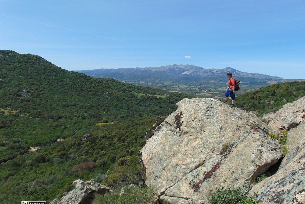 Una persona con uno zaino in spalla si trova su un grande affioramento roccioso che domina un vasto paesaggio collinare e verdeggiante sotto un cielo azzurro.