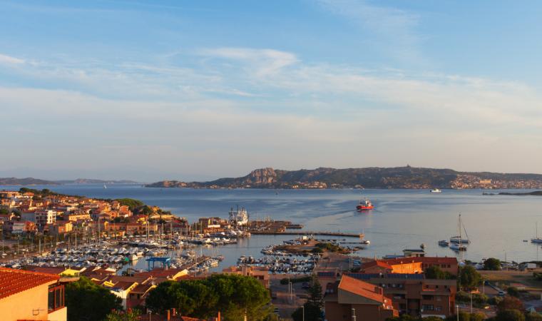 Una cittadina costiera con un porto pieno di barche, tetti di terracotta e un'isola in lontananza sotto un cielo limpido e dalla luce soffusa.