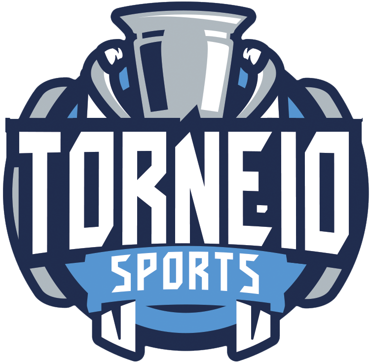 Logotipo da Torneio Sports com um ícone de troféu, texto azul e branco e um design de escudo azul.