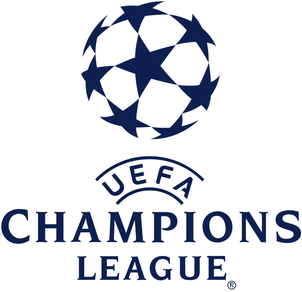 Logotipo da Liga dos Campeões da UEFA: Uma bola de futebol azul escura feita de estrelas fica acima das palavras