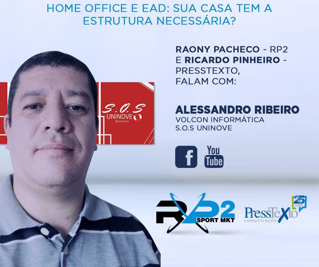 Homem em frente a texto sobre home office e aprendizado on-line, logotipos de marcas e mídias sociais também são visíveis.