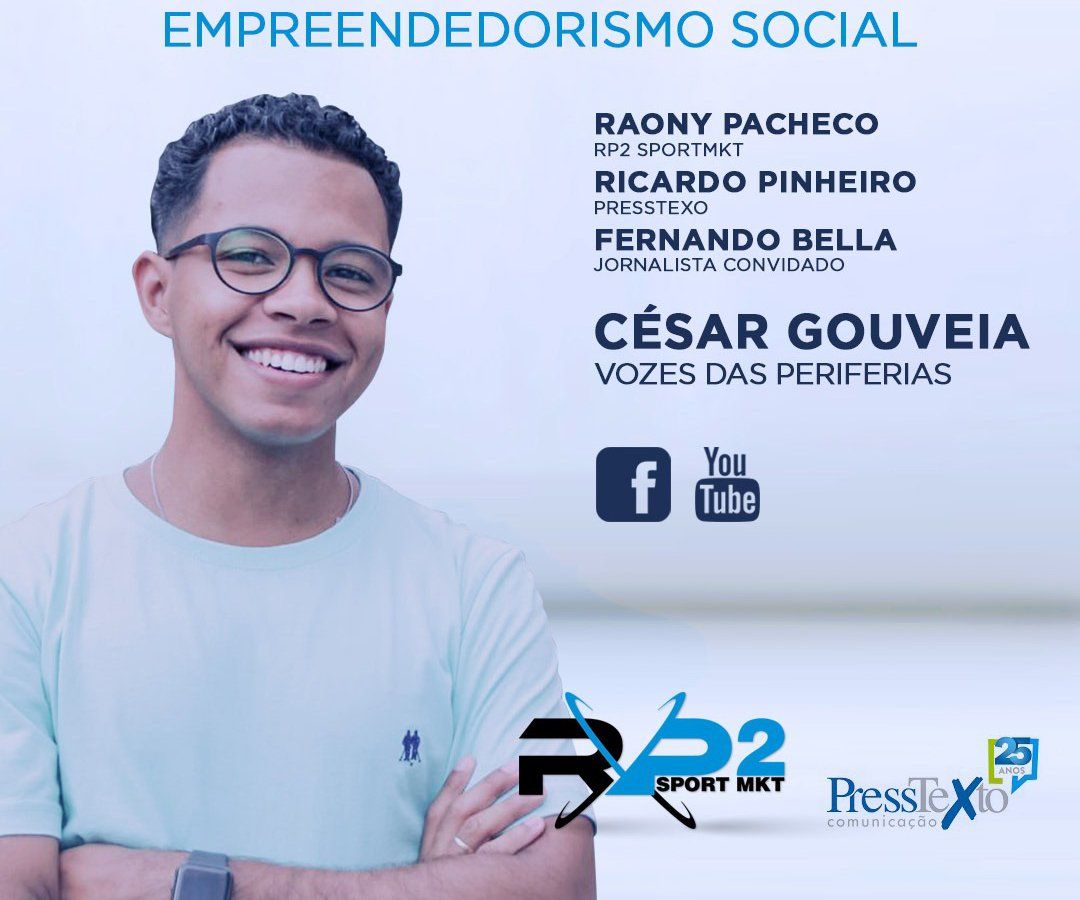 Design promocional para evento de empreendedorismo social. Inclui um homem sorrindo, nomes dos palestrantes e logotipos de mídia social.