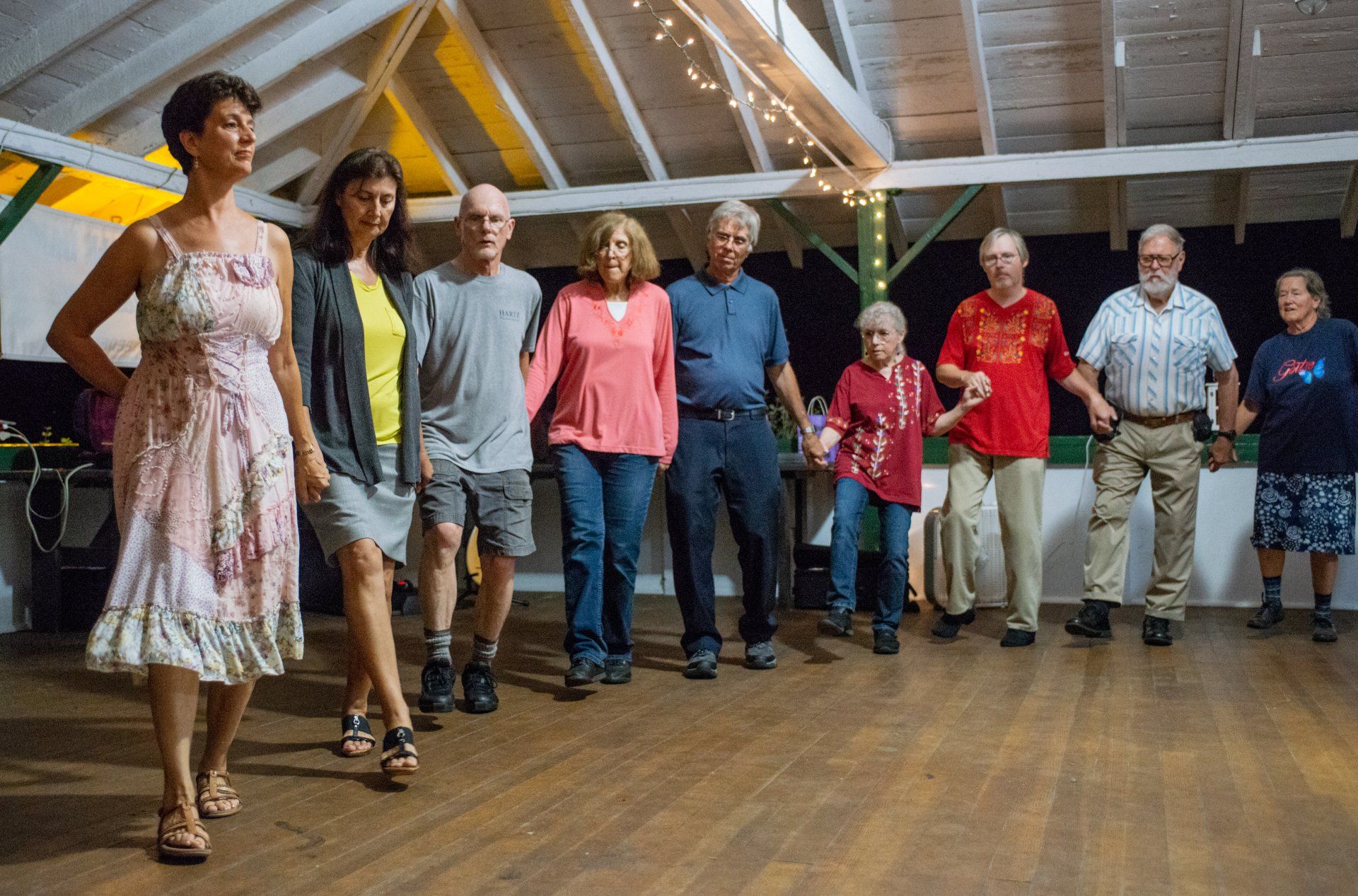 A group of people are dancing together in a room.