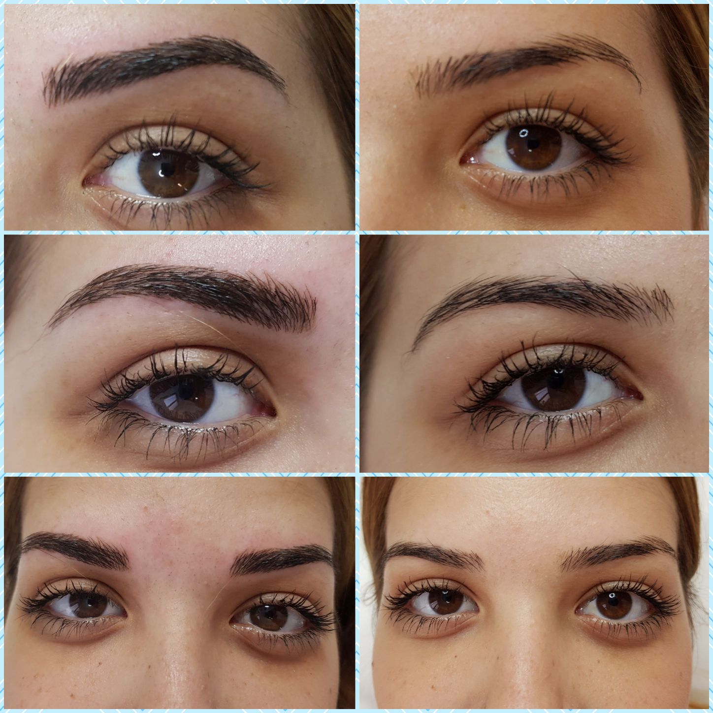 Collage of six close-up eyes with shaped eyebrows, showing different eyebrow styles and makeup finishes