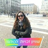 Woman in sunglasses and black coat standing in a city square, with Hebrew text banner at bottom.