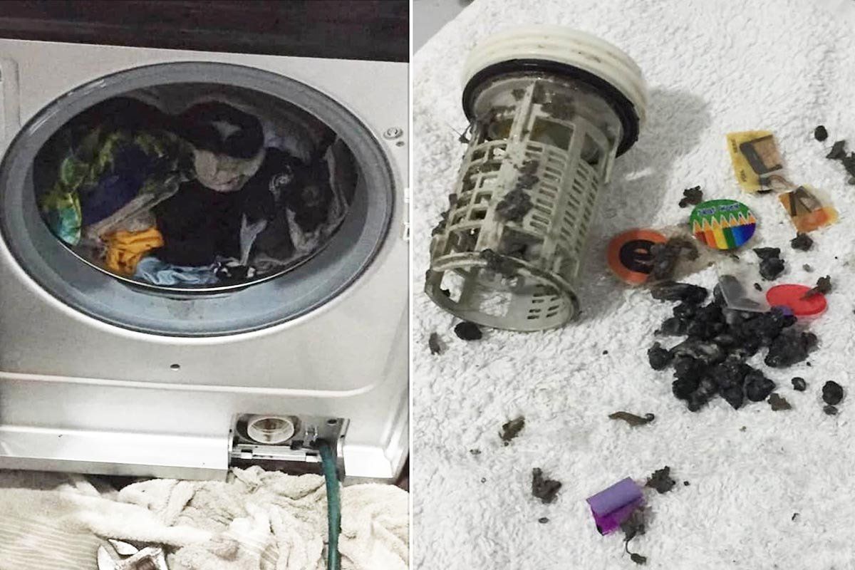 A picture of a washing machine and a picture of a washing machine filter.