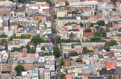 Aerial of city buildings