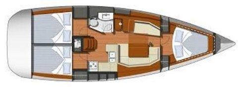 Top-down sailboat floor plan with cabins, galley, bathroom, and seating area in wood tones