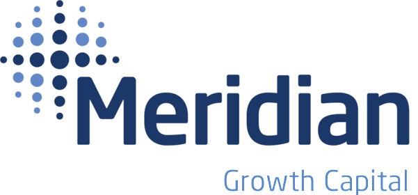 The logo for meridian is blue and white with a dotted globe motif