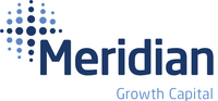 The logo for meridian is blue and white with a dotted globe motif