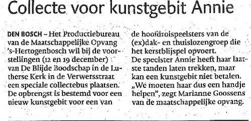 Nieuwsartikel over een inzamelingsactie voor actrice Annie, zodat ze een kunstgebit kan krijgen.