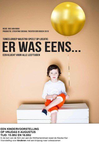 Poster voor een kindertoneelstuk: Een jongen zit met een gouden ballon. Tekst: 