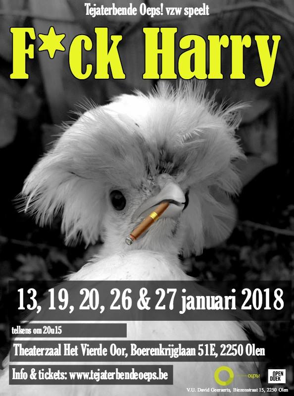 Poster: Witte kip die een sigaar rookt. Titel 