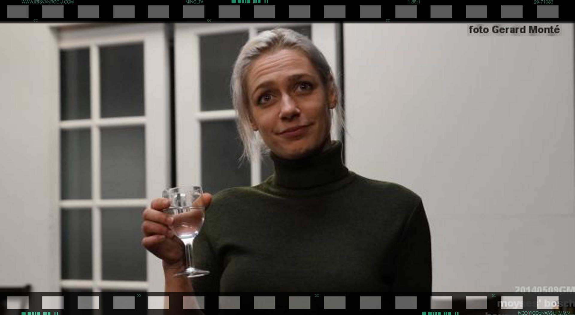 Vrouw in groene coltrui met een glas in haar hand, glimlachend. Interieur, raam op de achtergrond.