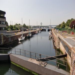 Ansicht Kieler Hafen mit Boote Sonnenuntergang