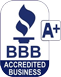BBB Accredited Business logo in blue and white with torch icon and bold text