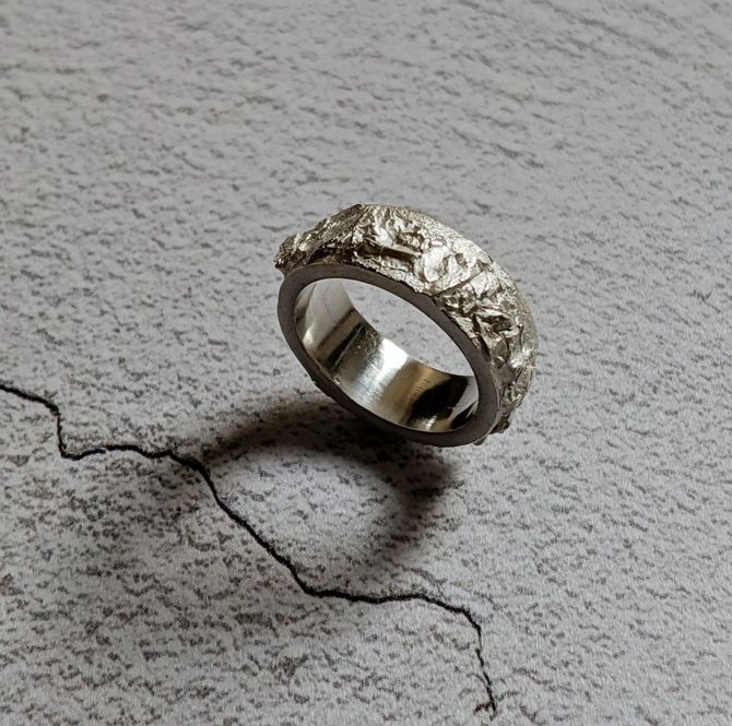 Wide heavy textured sterling silver ring