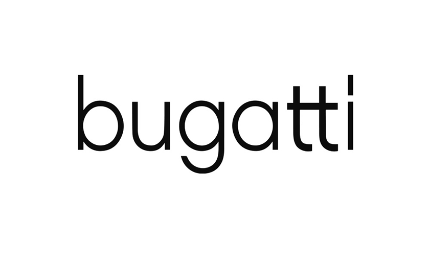 Un logo in bianco e nero per Bugatti su uno sfondo bianco.