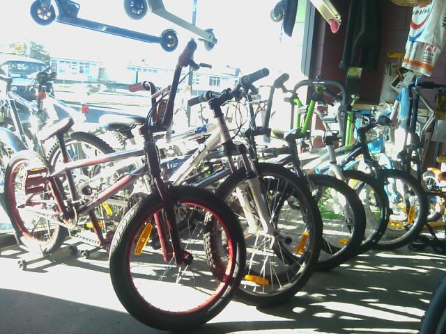 A bike shop window display in Hamilton