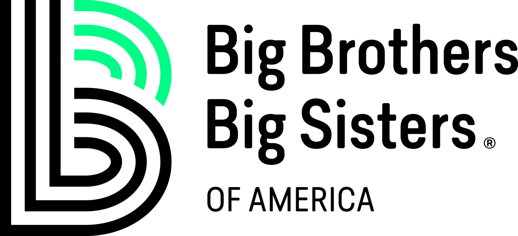 The big brothers and big sisters of america logo is black and green.