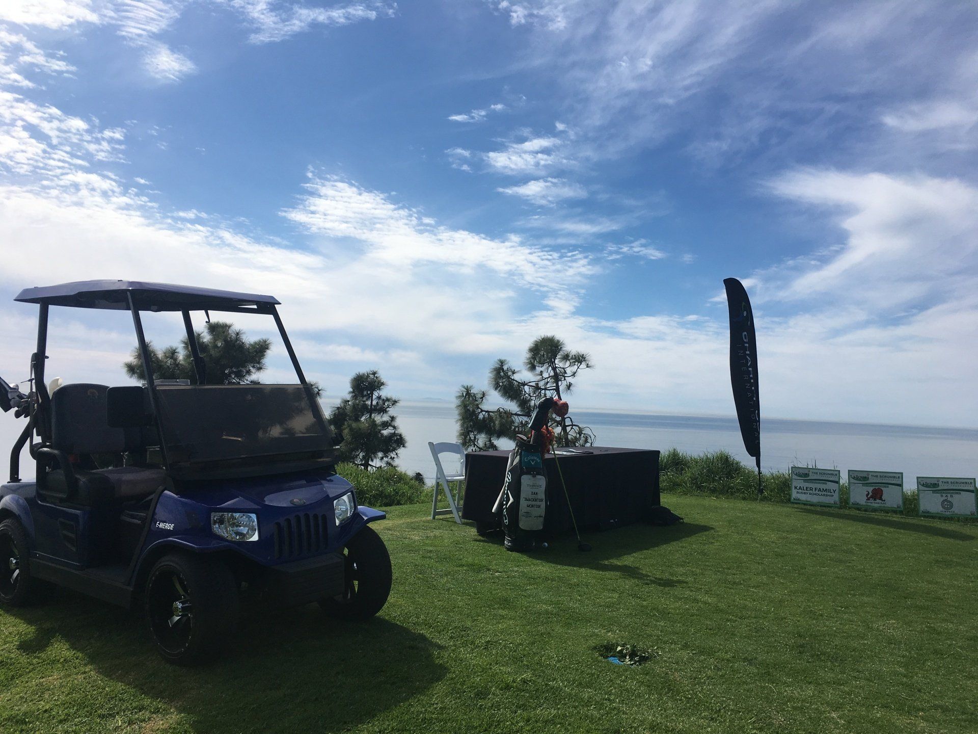 A blue golf cart is parked on a grassy hill overlooking the ocean.