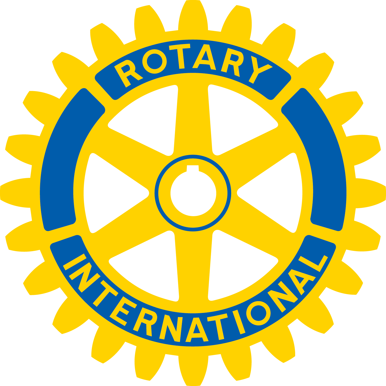 A yellow and blue rotary international logo on a white background